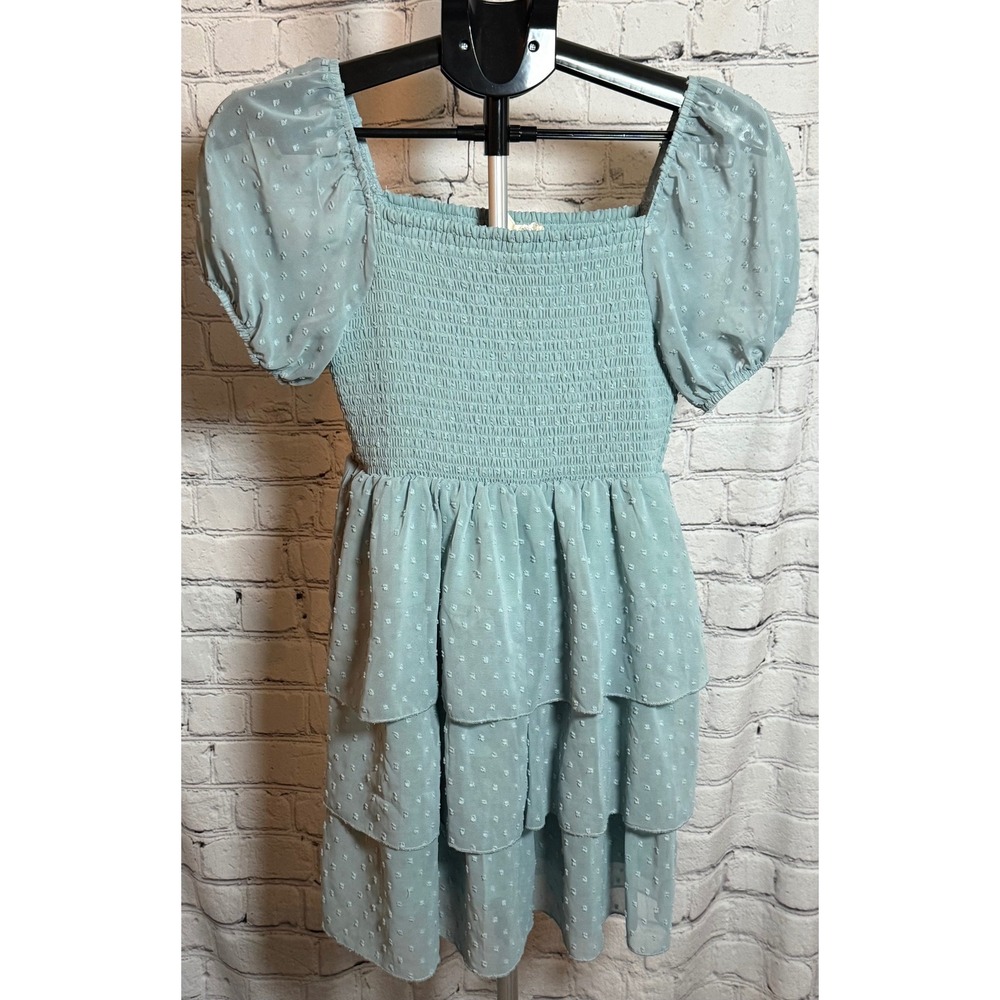 Altar'd State Sage Green Swiss Dot Smocked Tiered Mini Dress Small